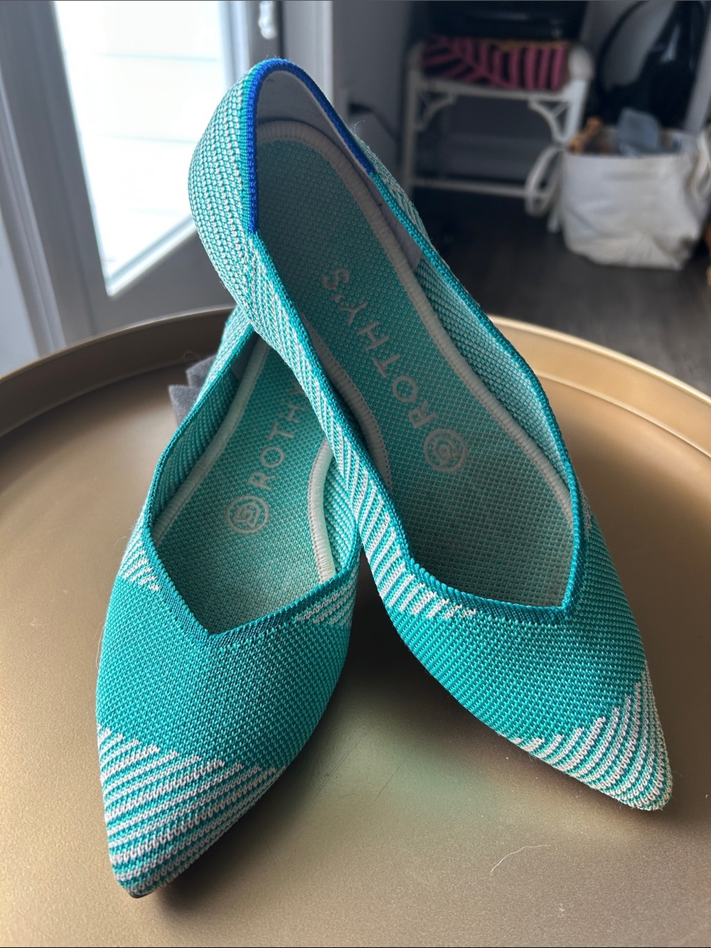 Rothy's Teal and White Pointed Knit Flats